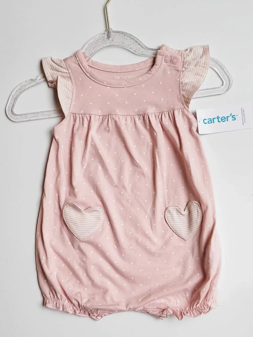 NWT Carter's Sweet Baby Girl Heart Pocket Romper - Pink/White - 6 Months - Picture 3 of 10